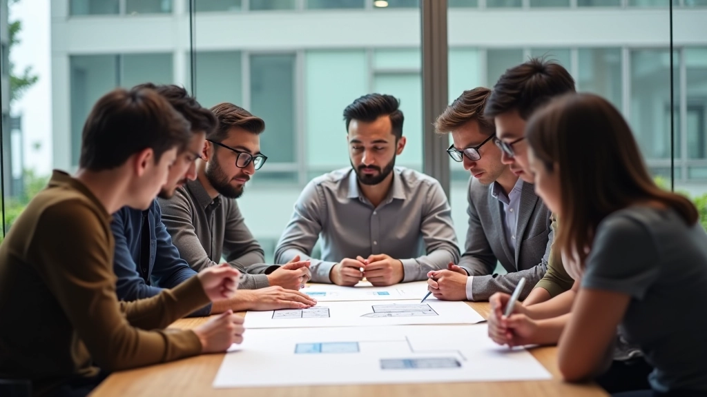 Diverse group of young professionals collaborating around a large wooden table with design sketches and prototypes
