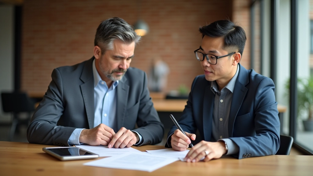 Mentor and startup founder discussing strategy at wooden table with notebook and coffee, modern office setting, natural lighting